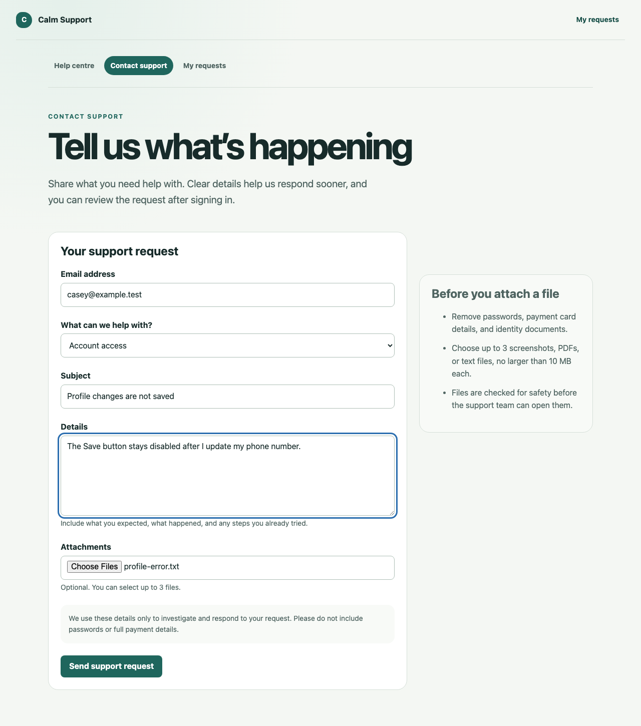 Customer support request ready to submit with structured account context, problem details, attachment, and safety guidance