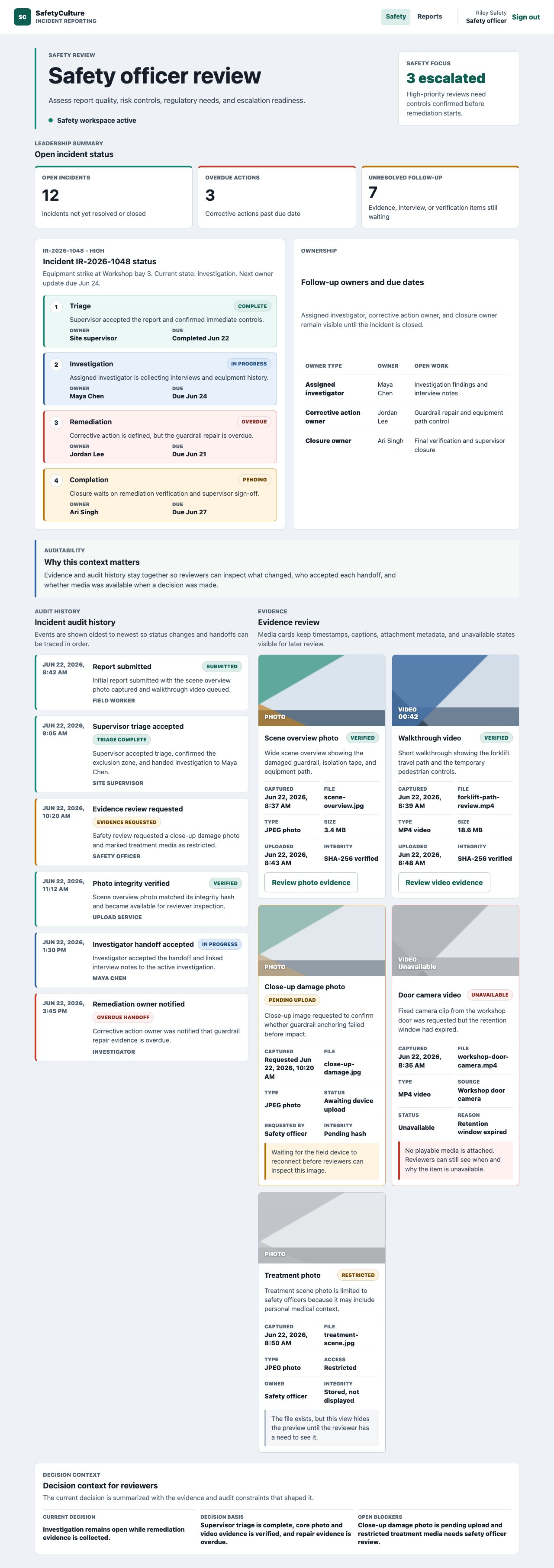 Safety officer review screen showing high-severity incident status, owner handoffs, audit history, evidence cards, unavailable media, and decision context