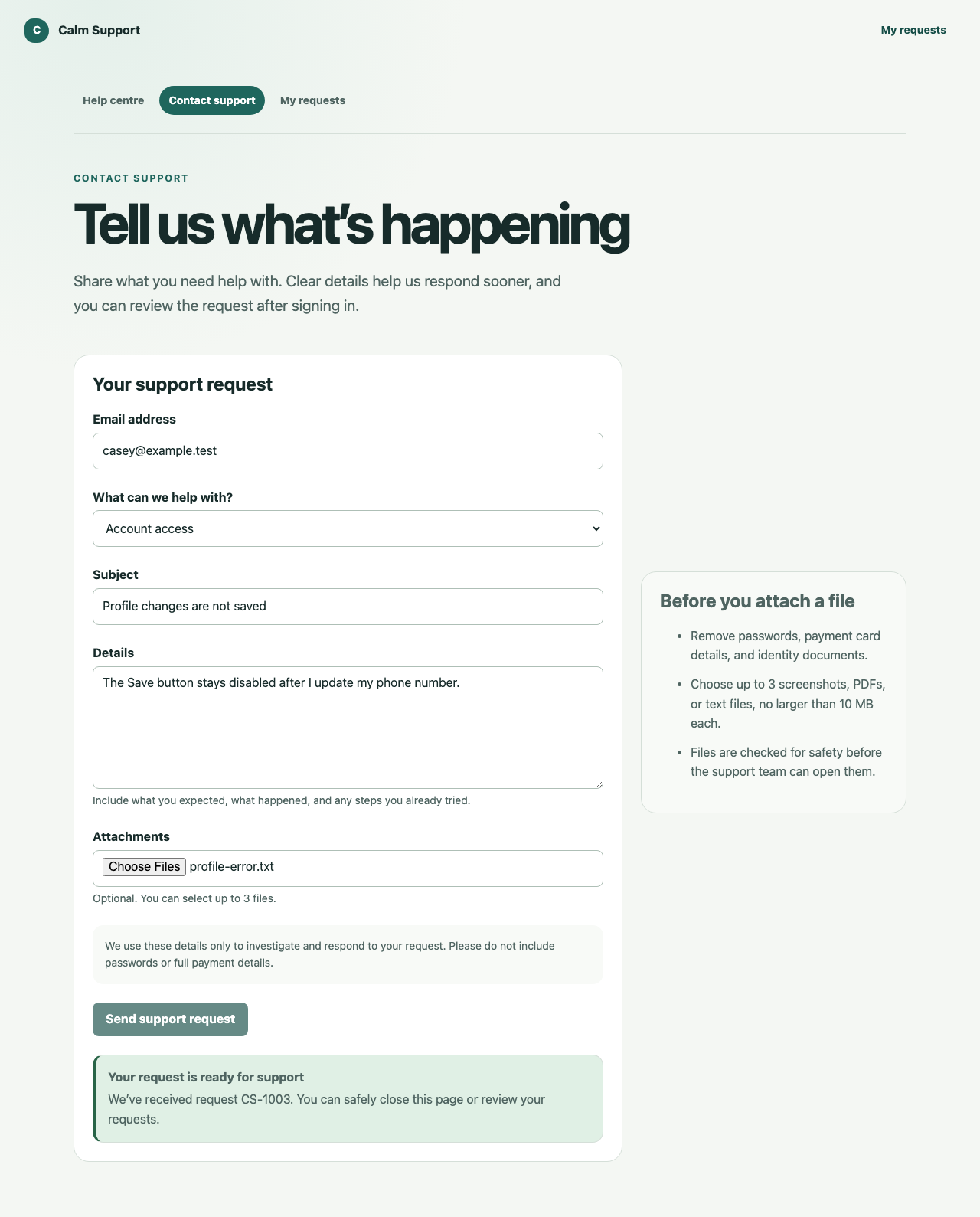 Submitted customer support request showing the retained form, request reference, and accepted state