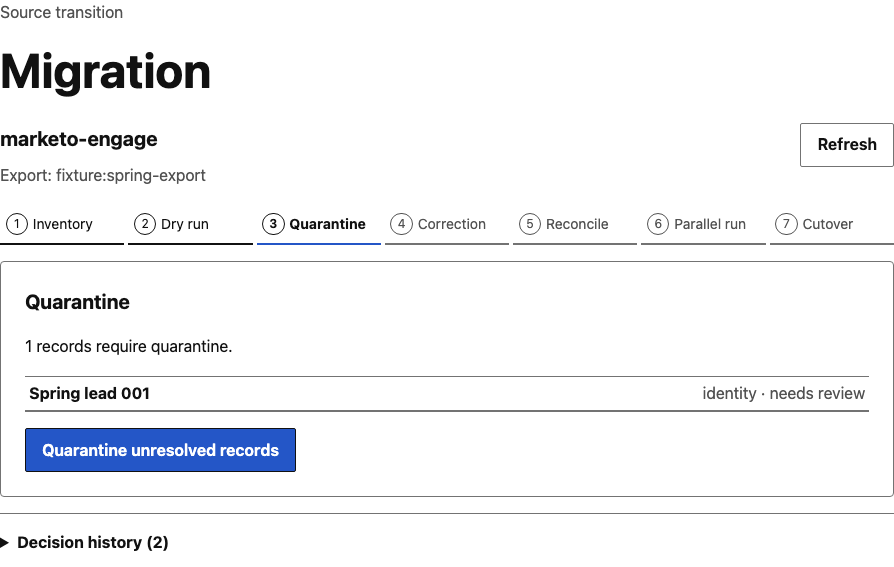 The migration wizard quarantines an unresolved identity before correction