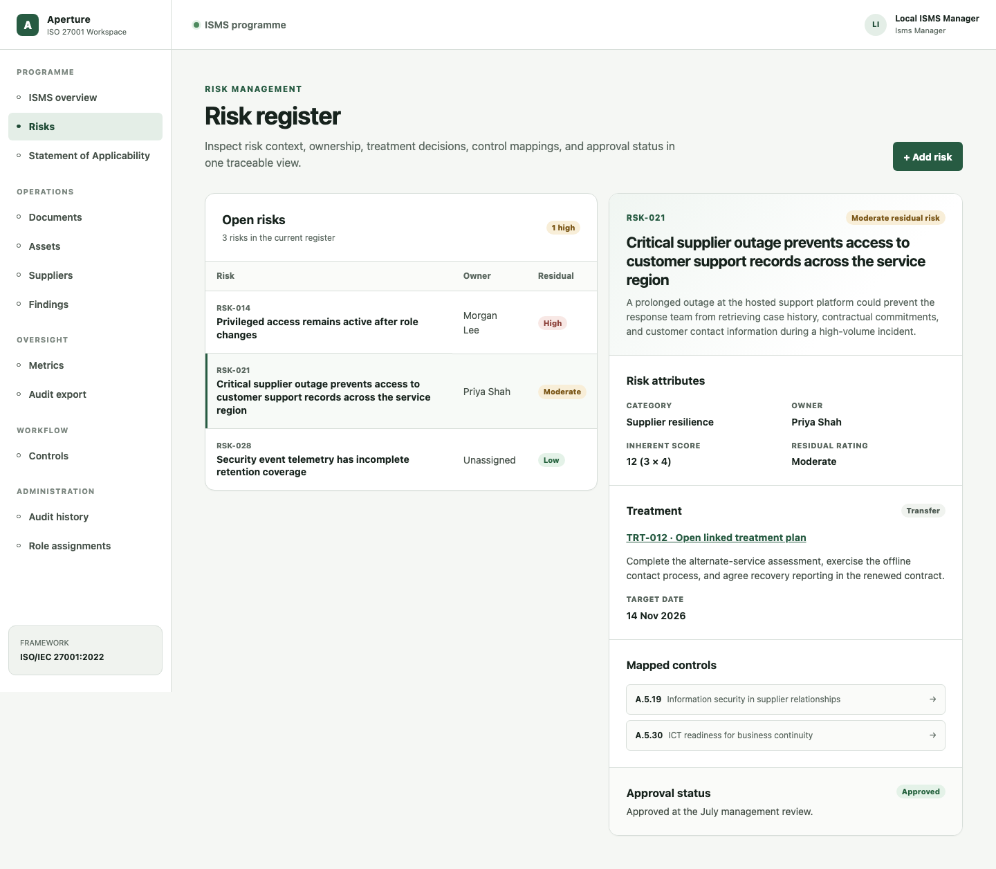 ISO 27001 risk register showing risk owners, treatment state, likelihood, impact, and linked operating context