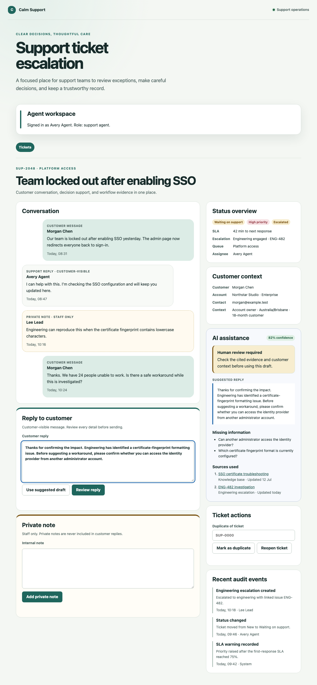 Support agent workspace showing the customer conversation, service-level state, cited AI assistance, missing information, review warning, and recent audit events