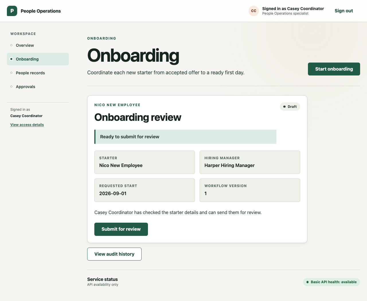 Draft employee onboarding request showing accountable owners, readiness checks, and the next decision