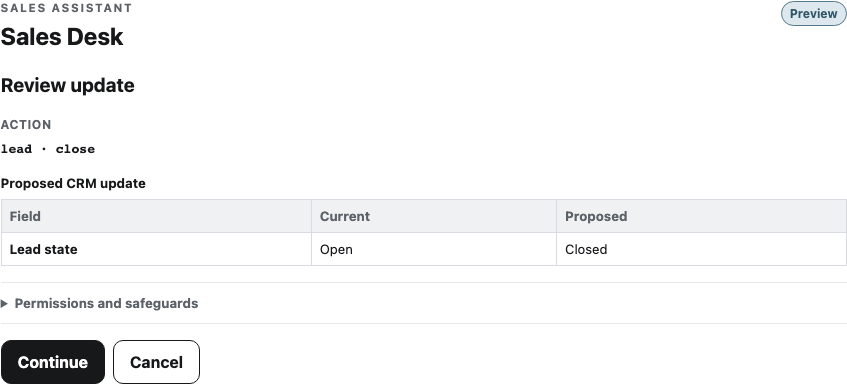 Sales Desk command preview showing the current and proposed lead state before confirmation