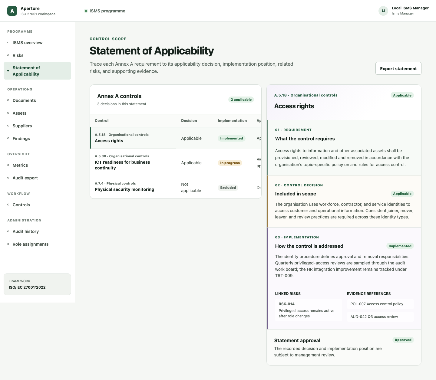 Statement of Applicability view showing organisational control applicability, implementation state, owners, and justification