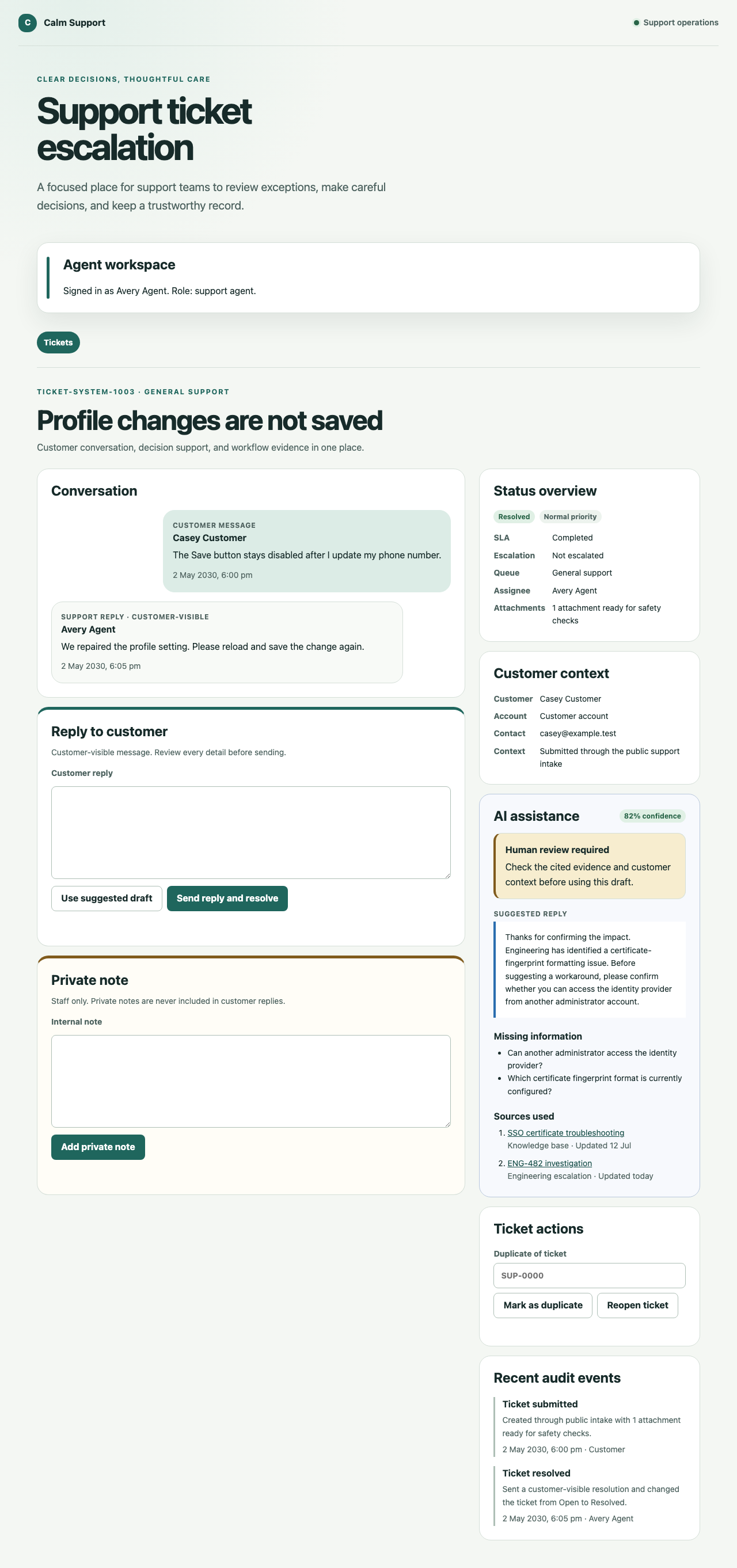 Resolved support ticket showing the customer and agent messages, completed service level, attachment state, AI review boundary, and immutable audit events