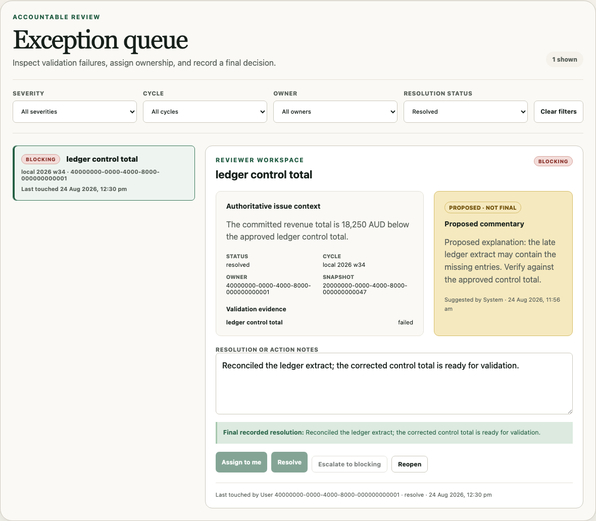 Resolved KPI reporting exception showing the final human-authored resolution and retained proposed commentary