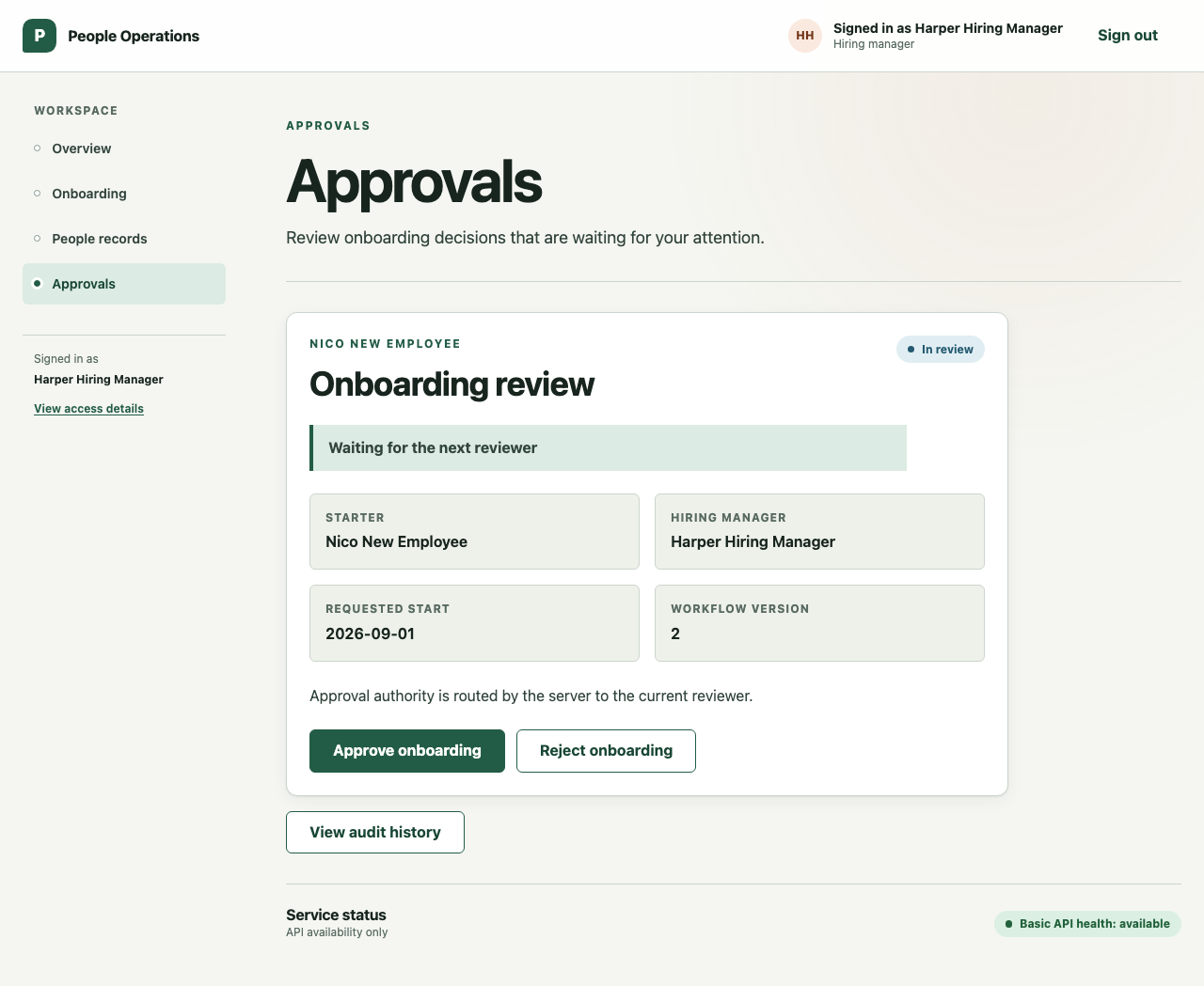 Employee onboarding request at manager review with role, start-date, and readiness context