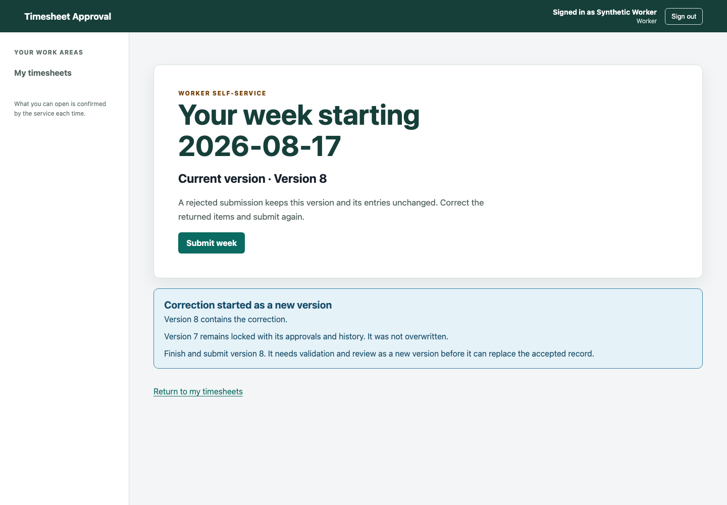 Worker correction screen showing a new version created from a locked record while the original version remains unchanged