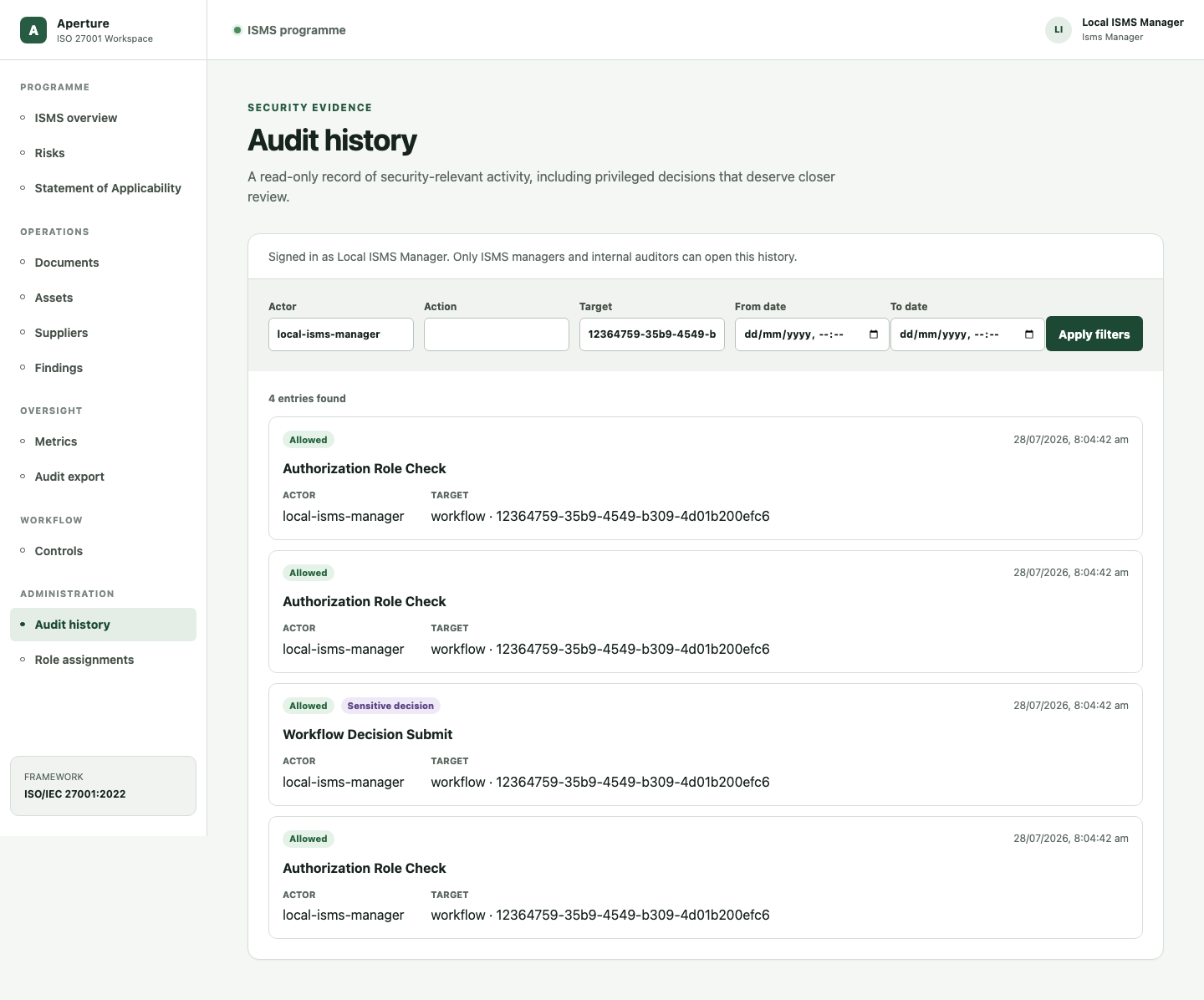 Approved compliance workflow audit history showing actors, transitions, decision, and retained evidence references
