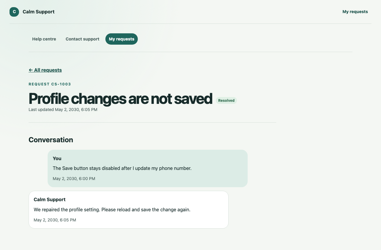 Customer support history showing the resolved request and complete customer-visible conversation