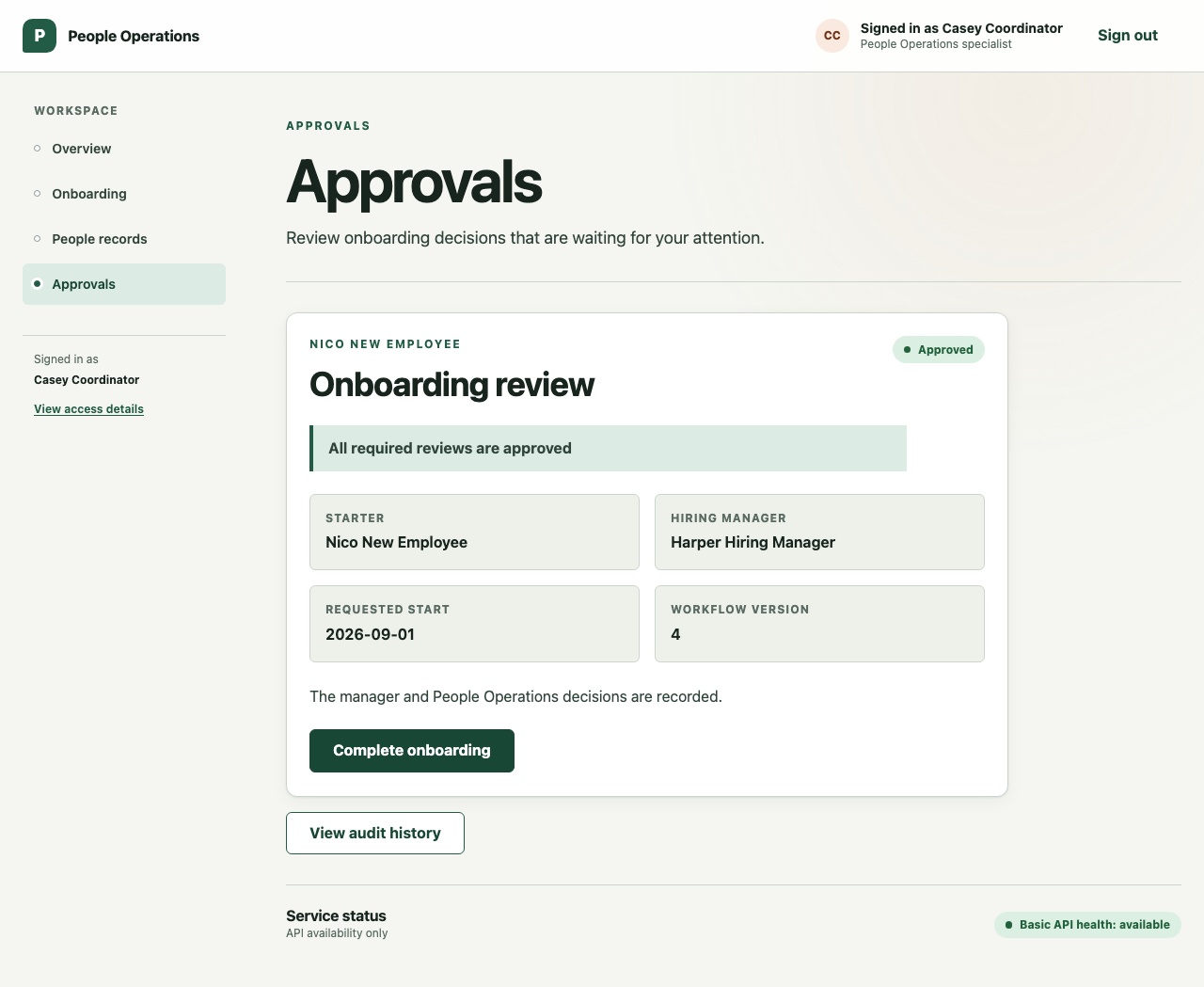 Approved employee onboarding request showing completed human decisions and readiness for governed execution