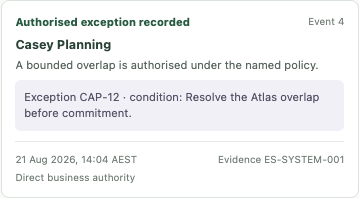 Decision history showing an approval, objection and authorised exception with an explicit Atlas-resolution condition
