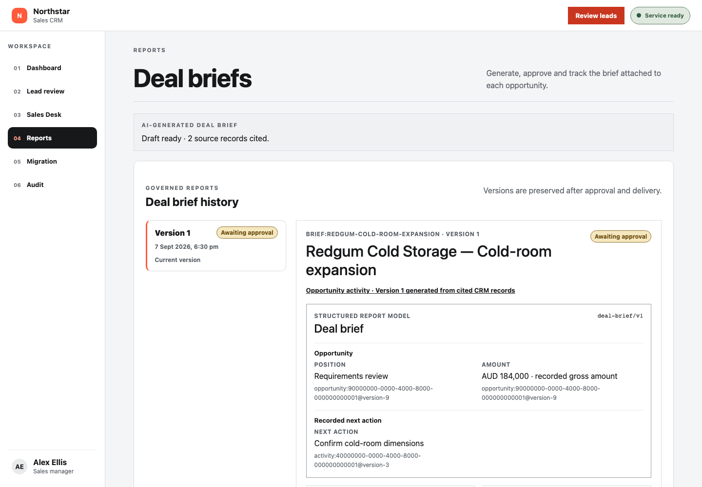 Versioned Redgum deal brief showing cited source records, opportunity value and approval status