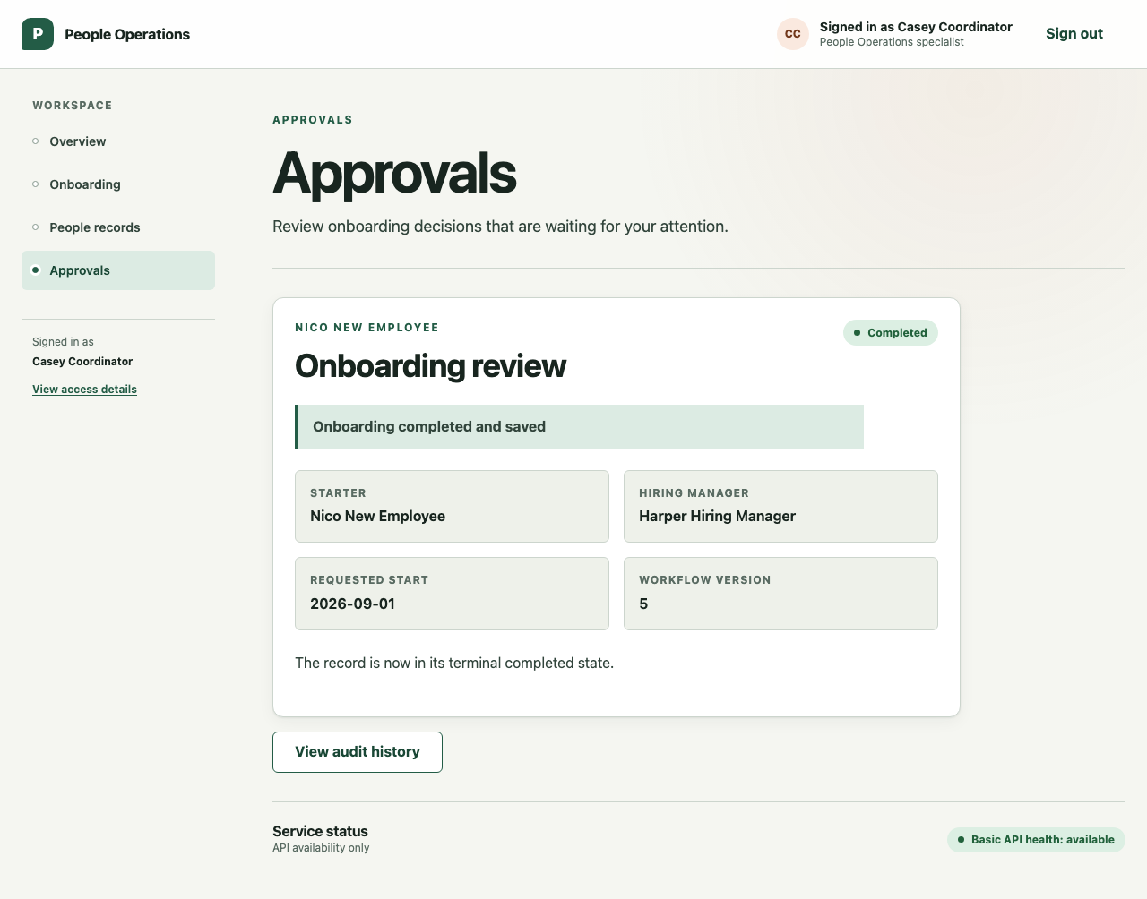 Completed employee onboarding workflow showing governed downstream handoffs and acknowledged readiness
