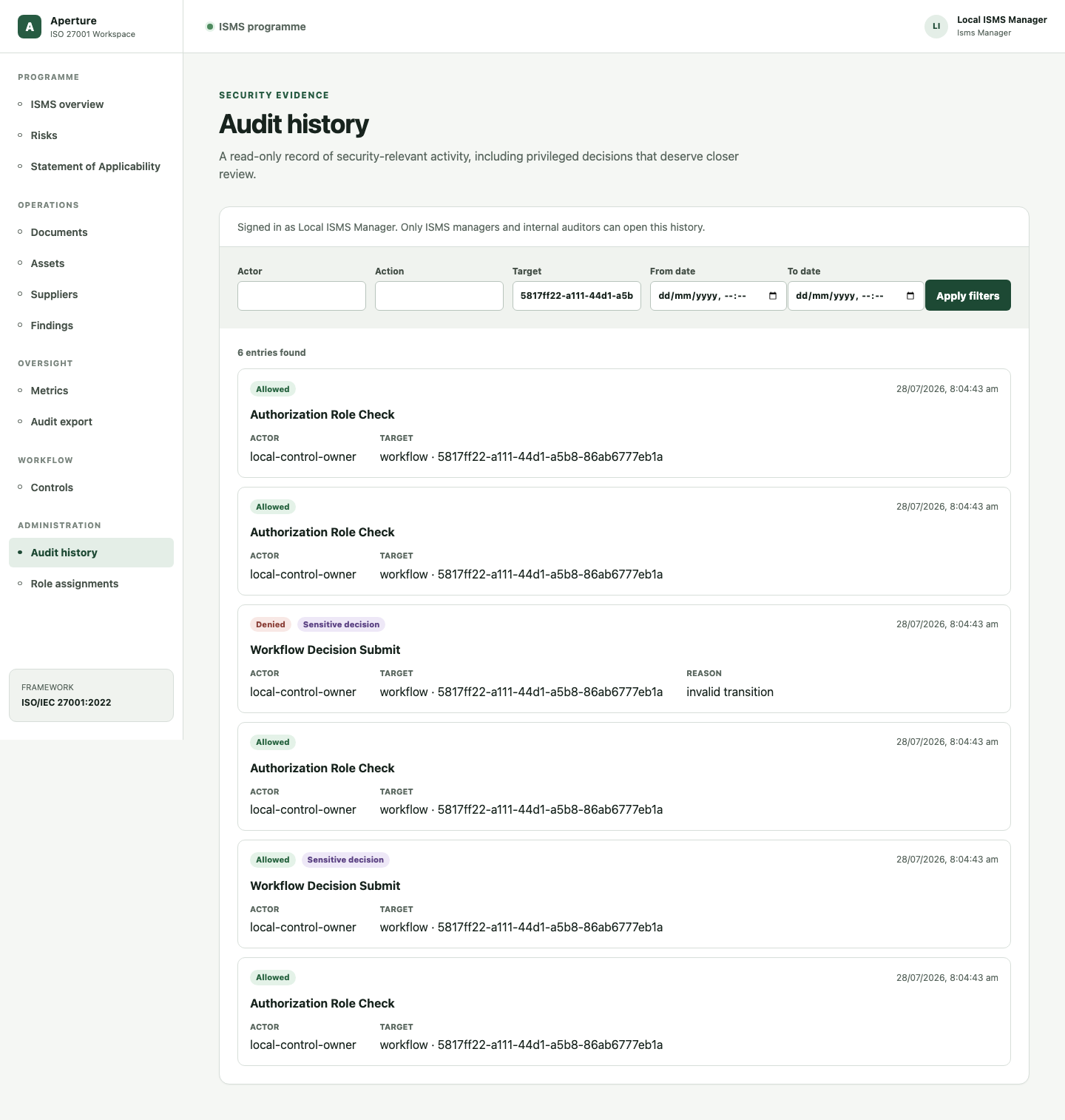Rejected compliance workflow showing the independent decision and reason the work could not be accepted