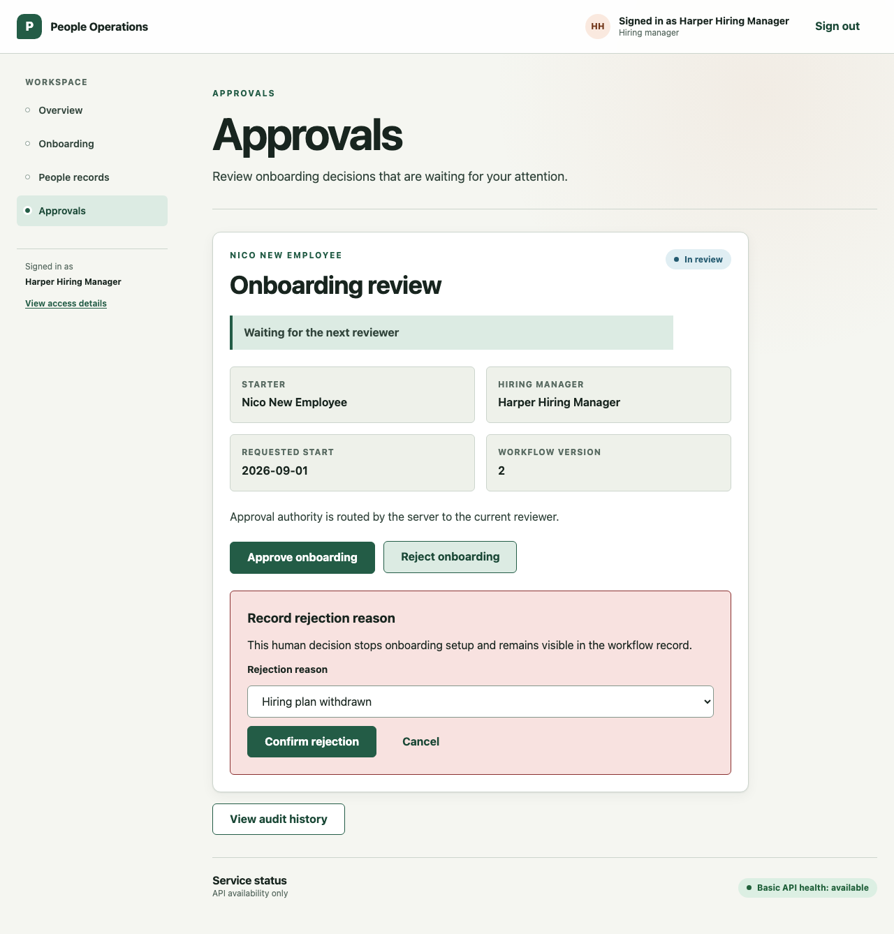 Rejected employee onboarding decision showing the accountable reviewer, reason, and explicit exception state