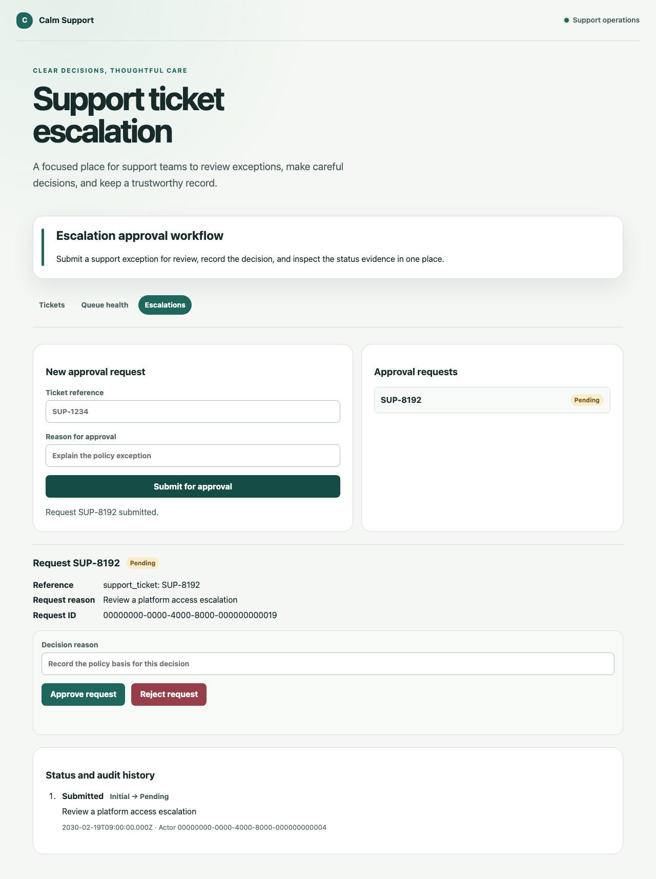 Pending escalation approval showing human decision controls and immutable submission history