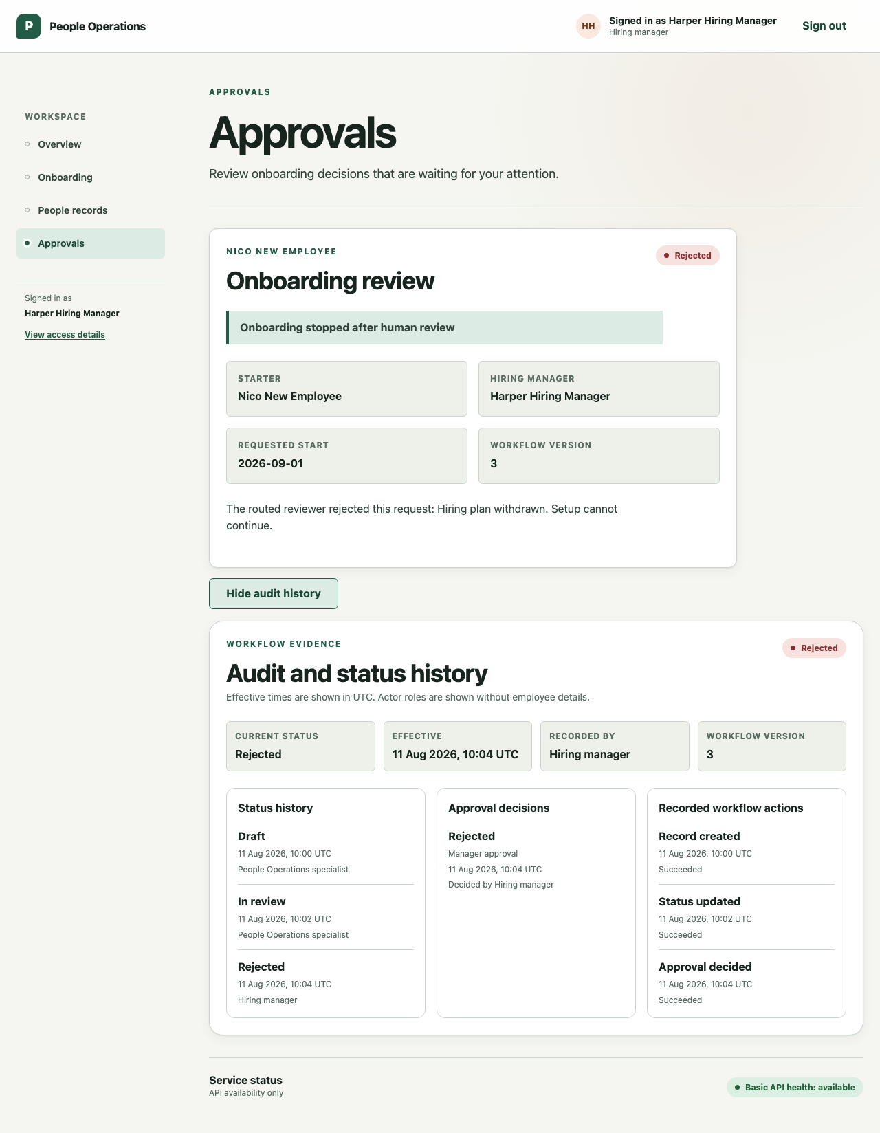 Employee onboarding audit history showing the rejected decision and append-only workflow evidence
