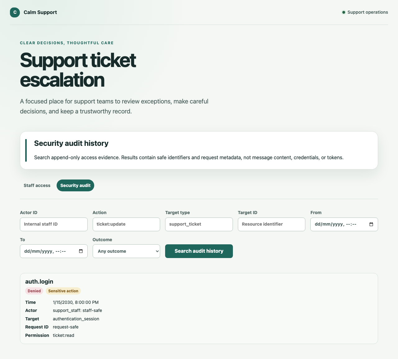 Support administrator security audit history showing a denied sensitive action without customer messages, credentials, or tokens