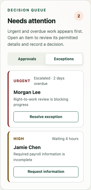 Mobile employee onboarding exception queue showing the blocked item, owner, and next action