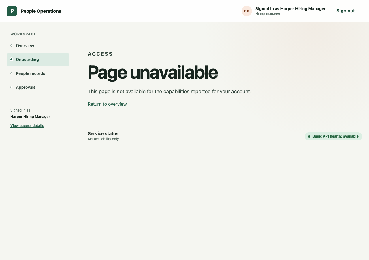 Access-denied screen proving an authenticated employee cannot open a restricted People Operations surface