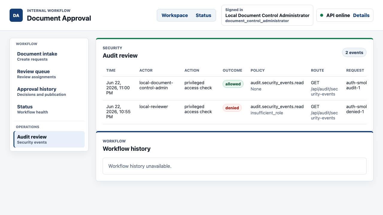 Document control administrator audit review showing minimized security audit rows with actor, action, outcome, policy, route, and request evidence