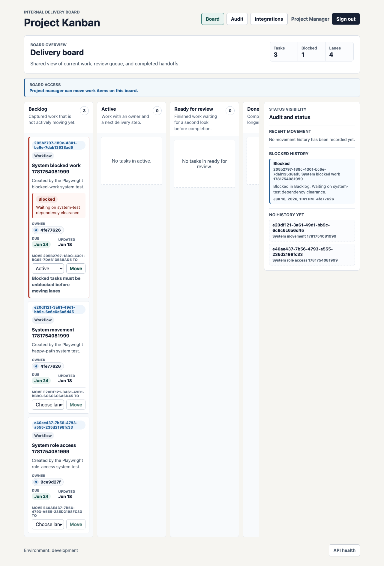 Project Kanban board showing a blocked Active task and the validation message that blocked work must be unblocked before moving lanes