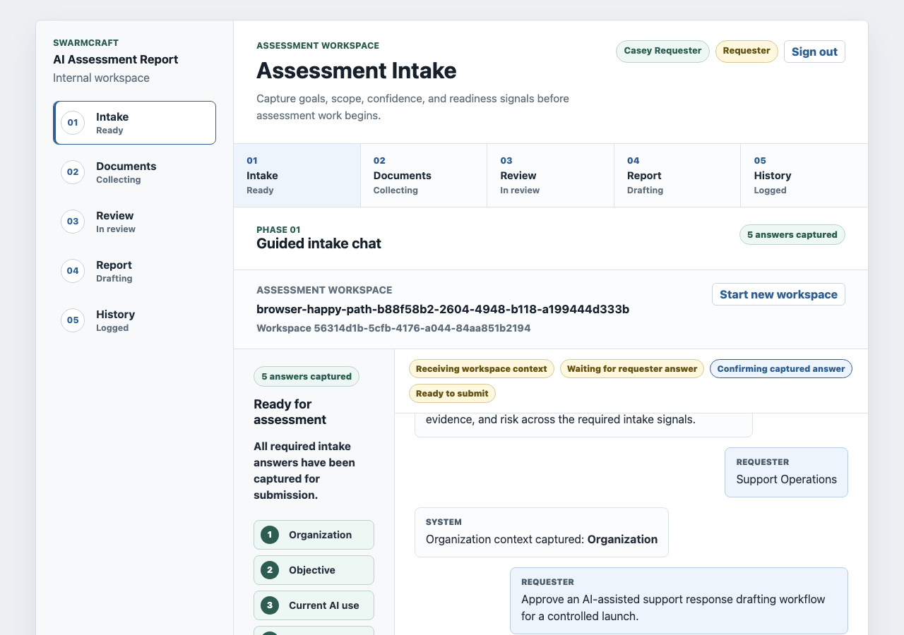 Custom app development workflow intake screen showing guided assessment answers captured for an AI assessment report