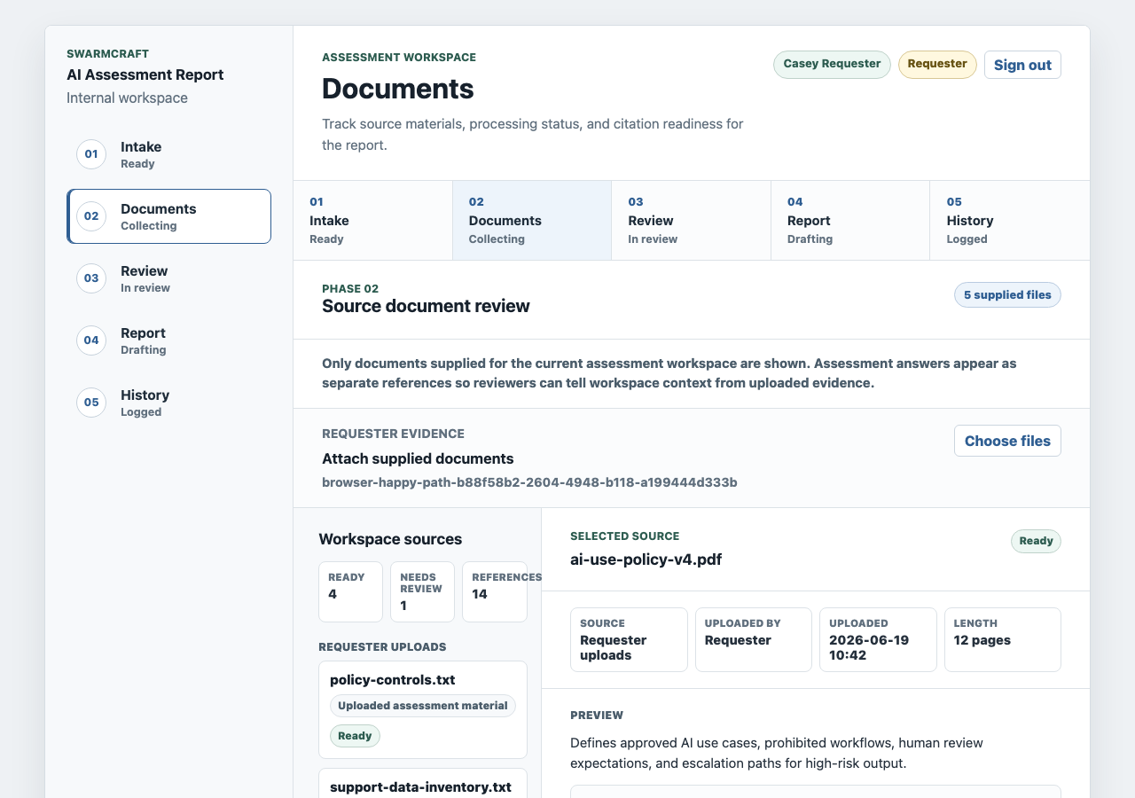 Source document review screen showing uploaded evidence, retrieved source context, and report citation references