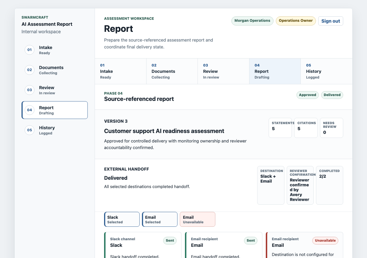 Delivered AI assessment report showing approved state, external handoff, reviewer confirmation, and delivery completion