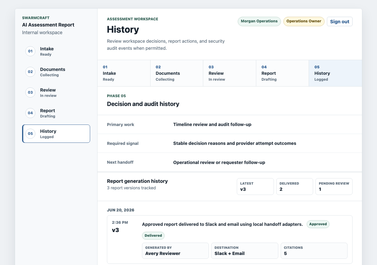 Decision and audit history screen showing report versions, delivered and failed states, actor records, and security audit events