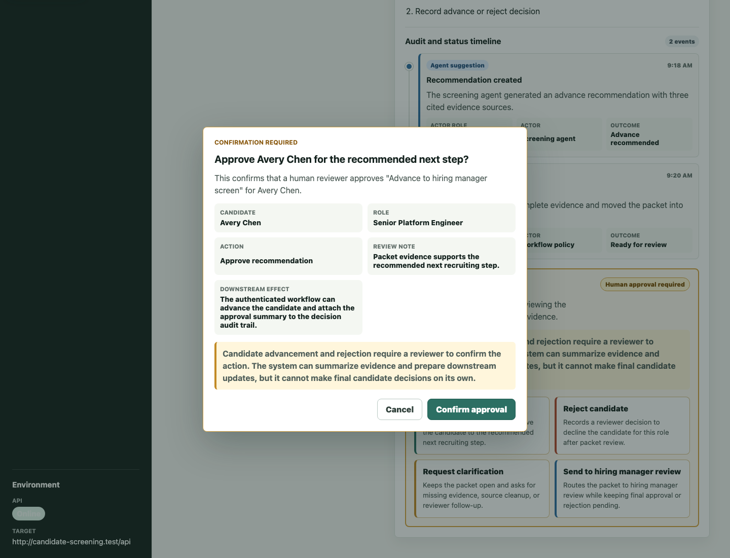 Candidate screening approval confirmation dialog showing the human approval boundary before a candidate can advance