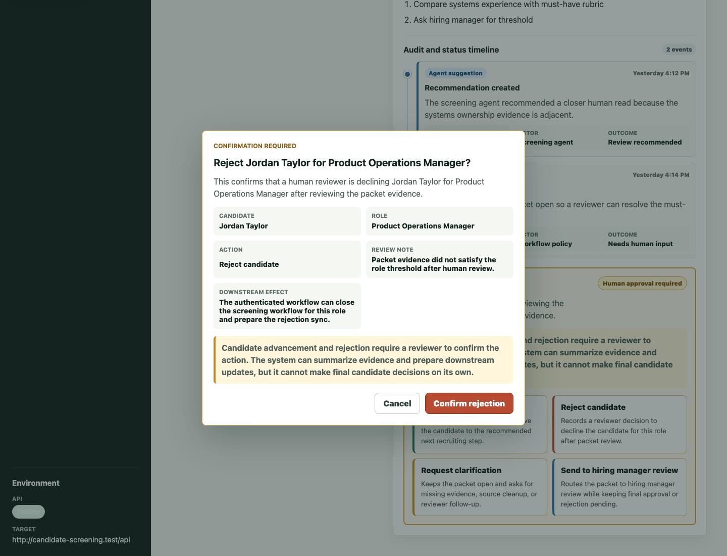 Candidate screening rejection confirmation dialog showing the candidate, role, rejection note, downstream effect, and human decision boundary