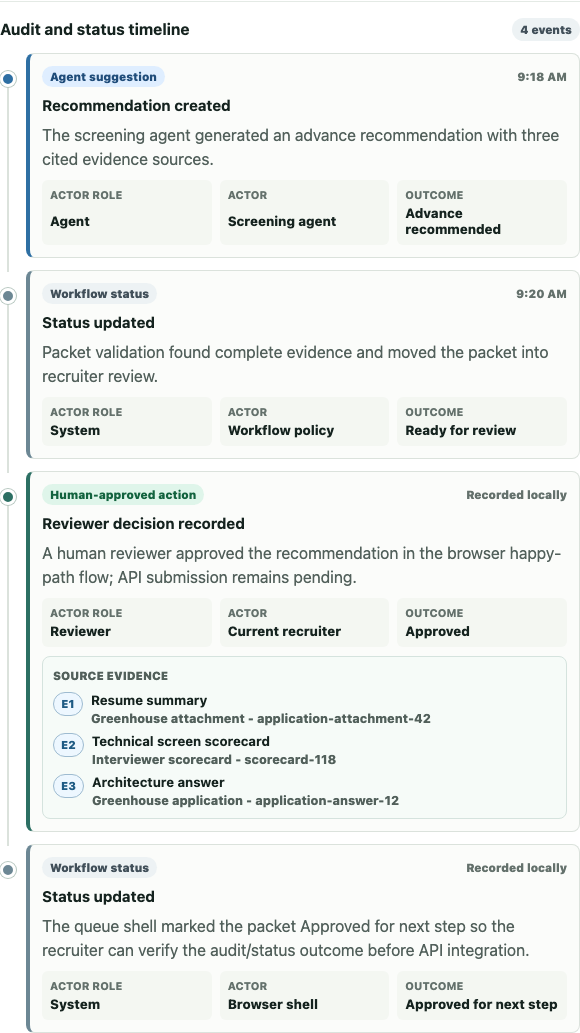 Revisited candidate screening audit timeline showing the approved status remains visible after reload and returning to the queue