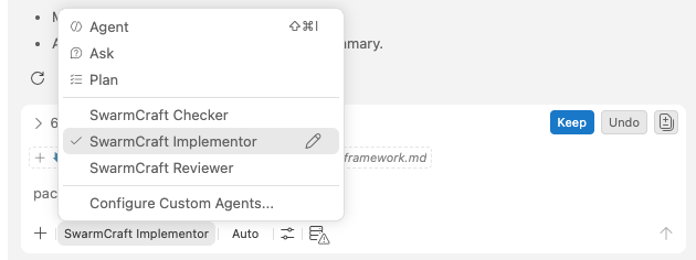 Choose the SwarmCraft Implementor agent in VS Code chat
