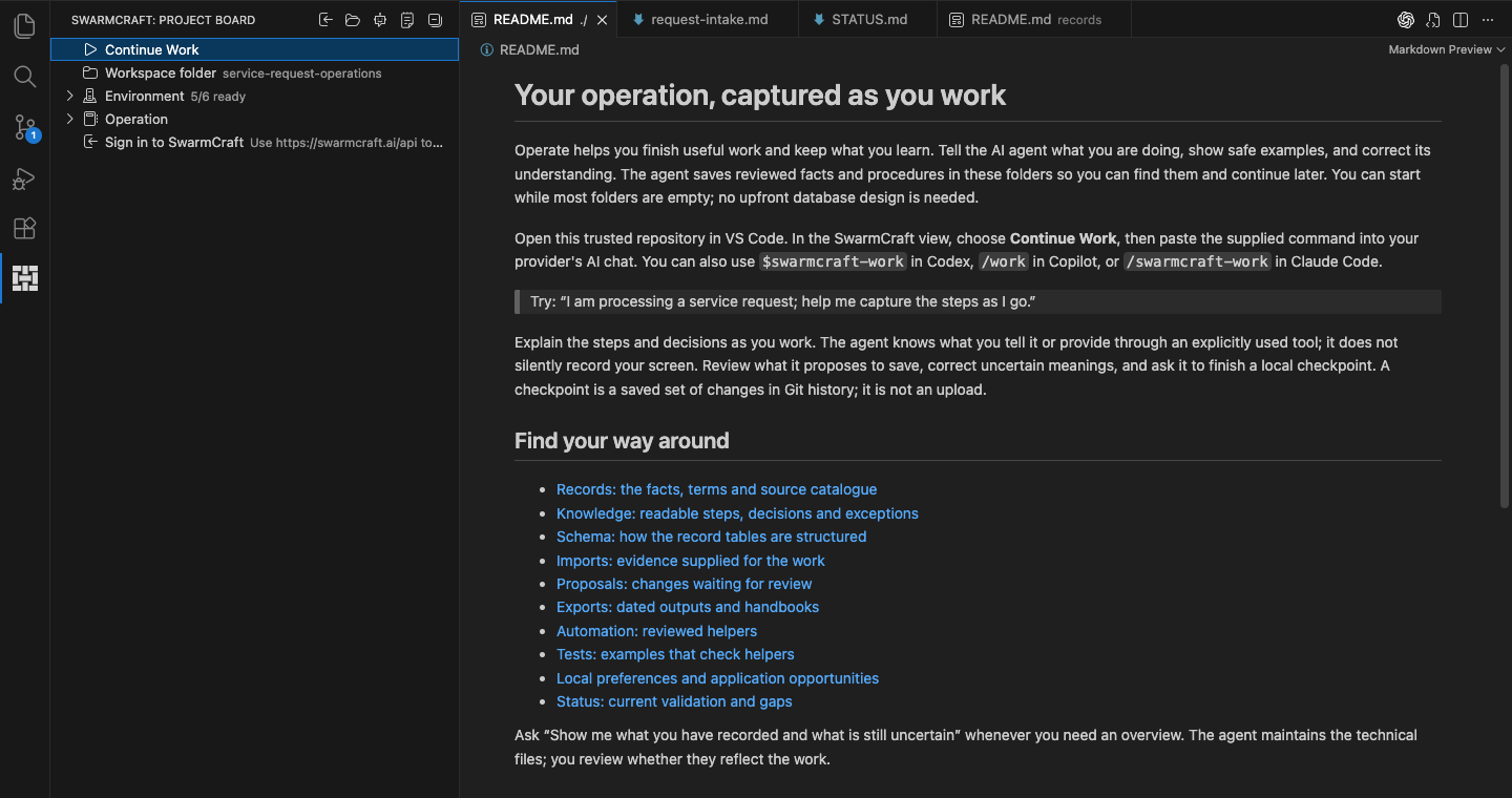 Continue Work in the SwarmCraft view beside the operation repository guide
