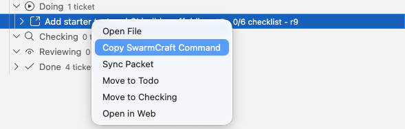 Copy the SwarmCraft command for a linked Doing ticket