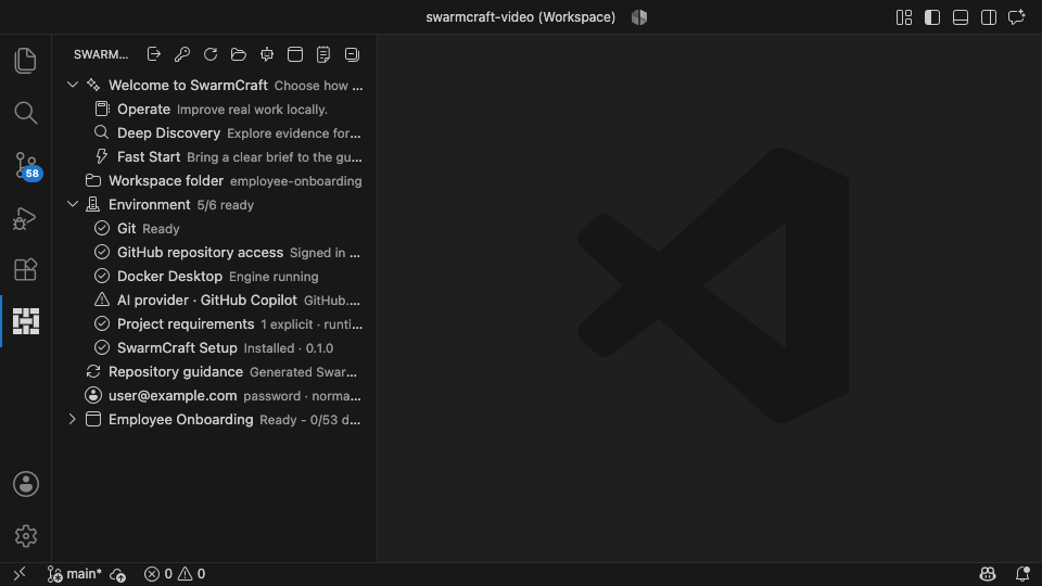 SwarmCraft in VS Code with employee-onboarding selected as the Workspace folder