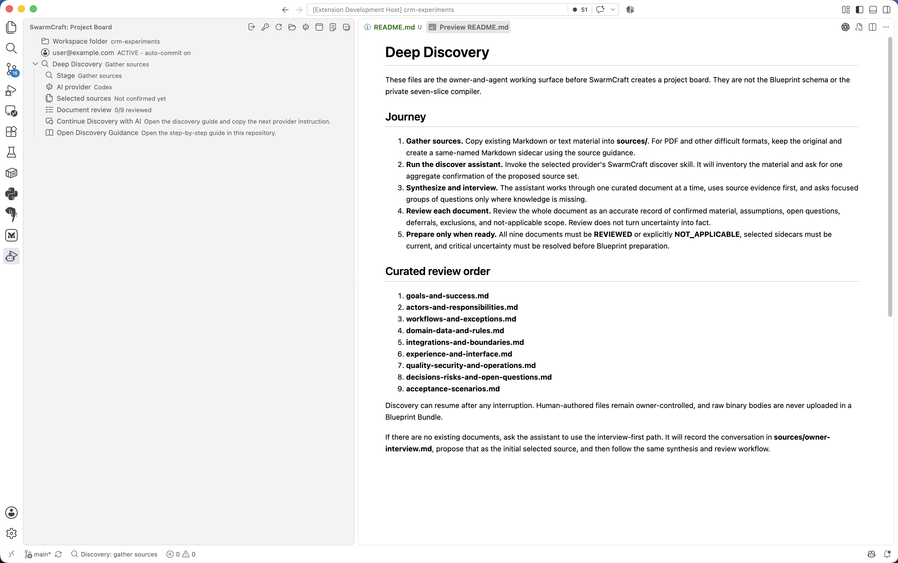 VS Code showing the expanded SwarmCraft Deep Discovery sidebar at the Gather sources stage and the local discovery guide