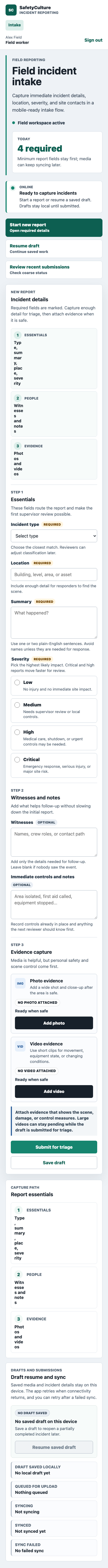 Mobile incident reporting workflow showing field intake, required fields, photo and video evidence capture, draft status, and sync panels