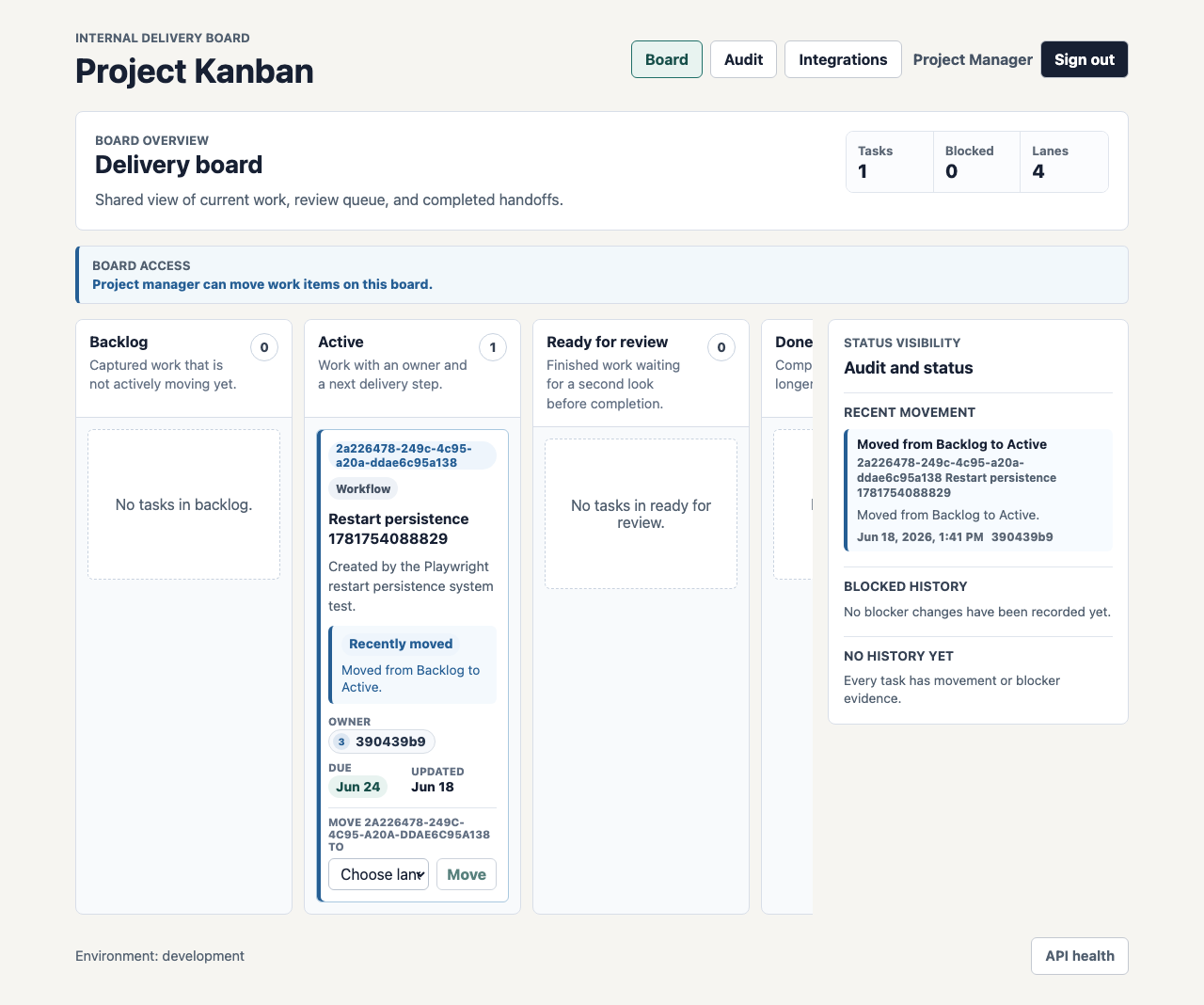 Project Kanban board showing Backlog, Active, Ready for review, and Done lanes after a restart persistence system test