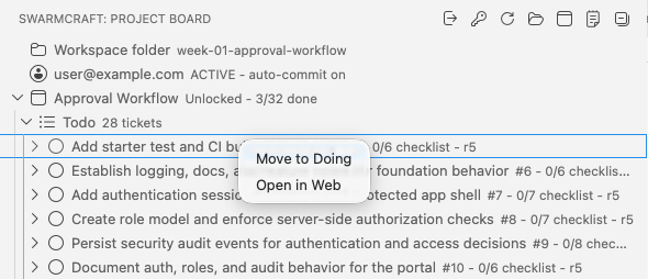 Move a SwarmCraft ticket from Todo to Doing in VS Code