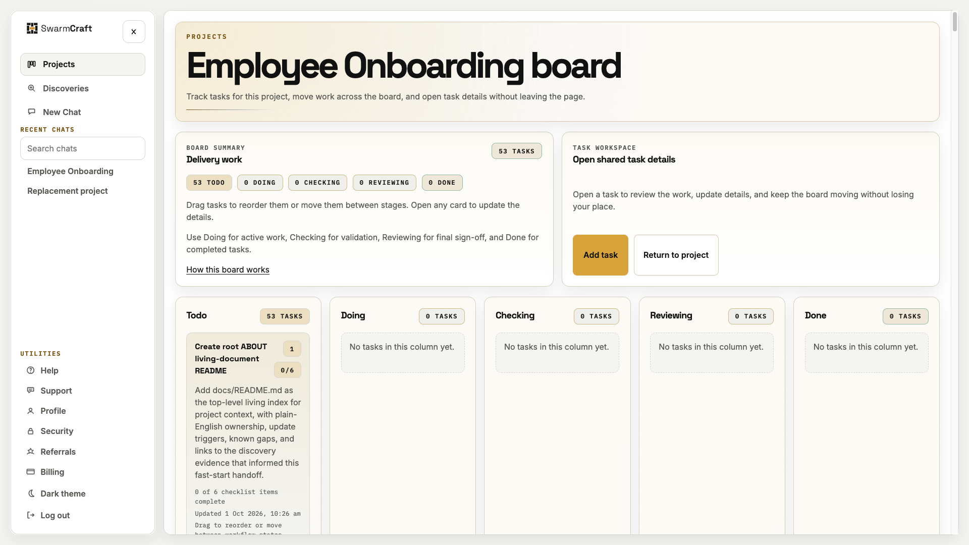 Employee Onboarding board showing its project name and tasks in the browser