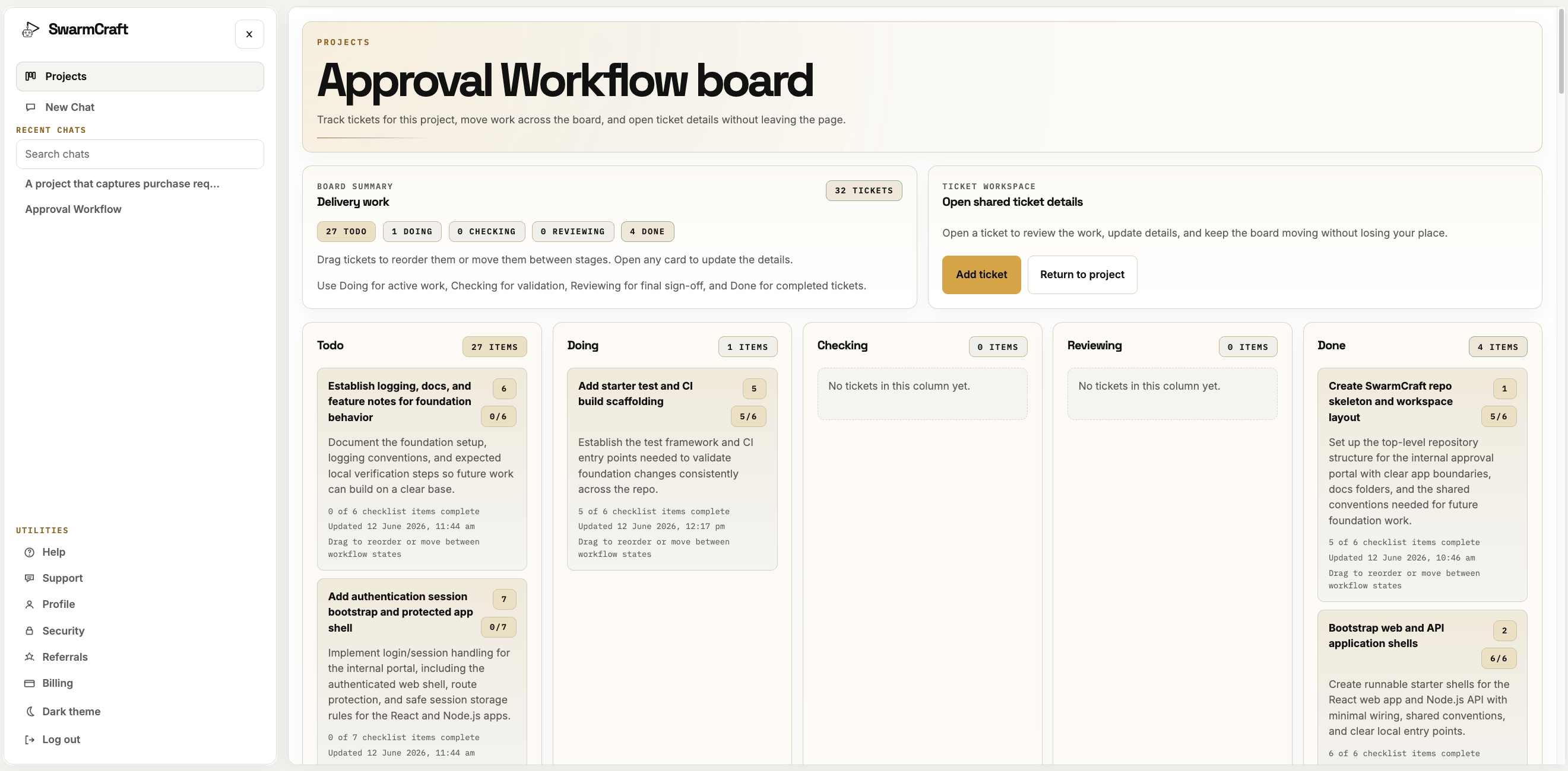 SwarmCraft project board showing the approval workflow tickets split across Todo, Doing, Checking, Reviewing, and Done