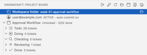SwarmCraft project lanes in the VS Code activity-bar view
