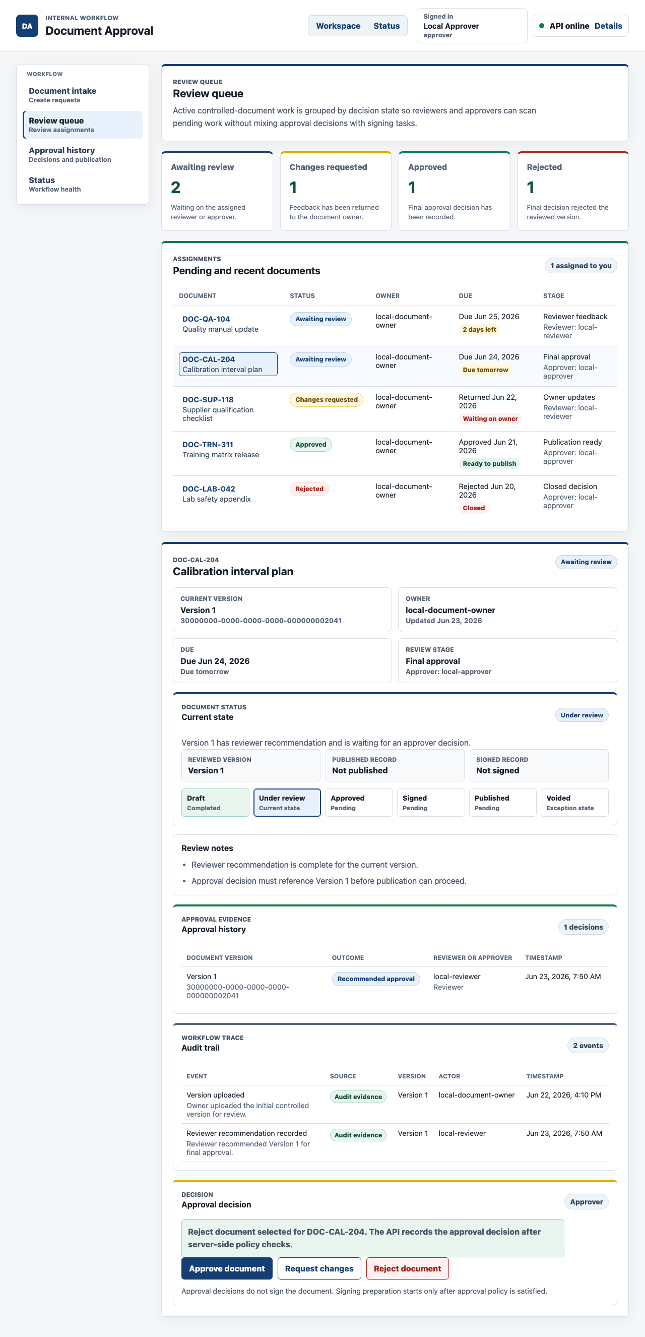 Approver document detail showing rejection action controls before the reviewed version is rejected