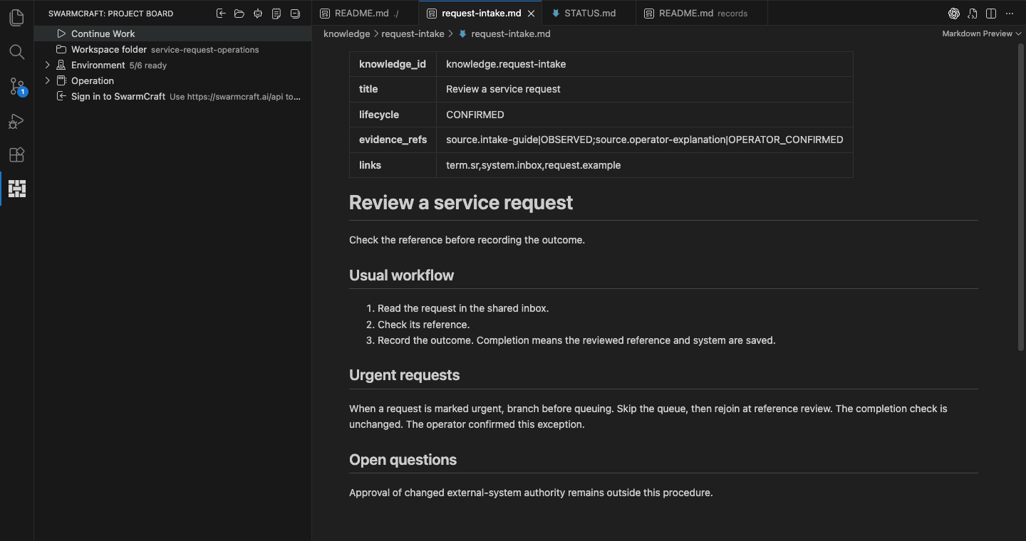 Reviewed service-request note showing the usual workflow, urgent-request exception and open question