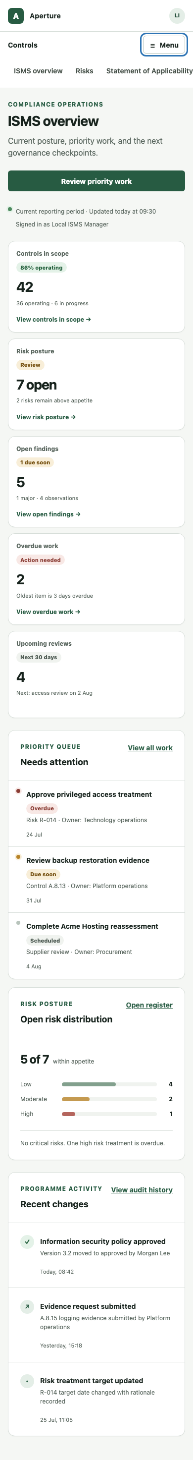 Responsive ISO 27001 compliance operations application showing the mobile navigation, programme overview, status cards, and recent activity