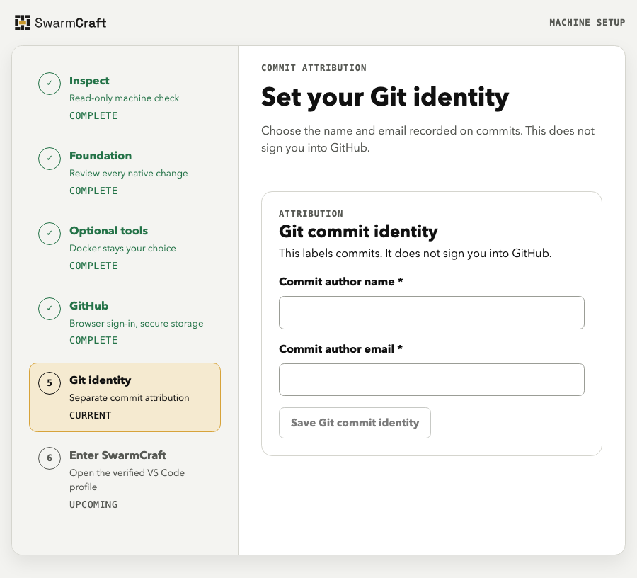 Setup Git commit identity step with empty name and email fields